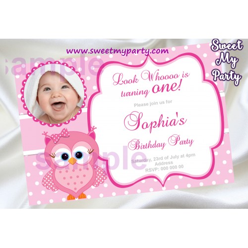 Pink Owl Birthday Party Invitation with photo,Pink Owl Birthday Party invite,(03ok)